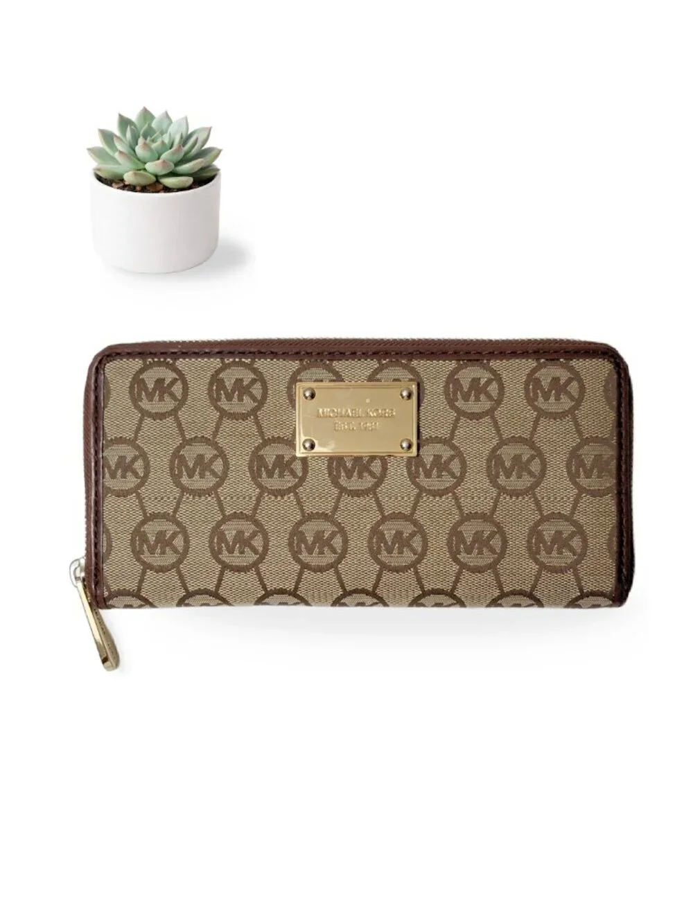 Michael Kors Jet Set Monogram Jacquard Zip Around Continental Wallet Beige Brown